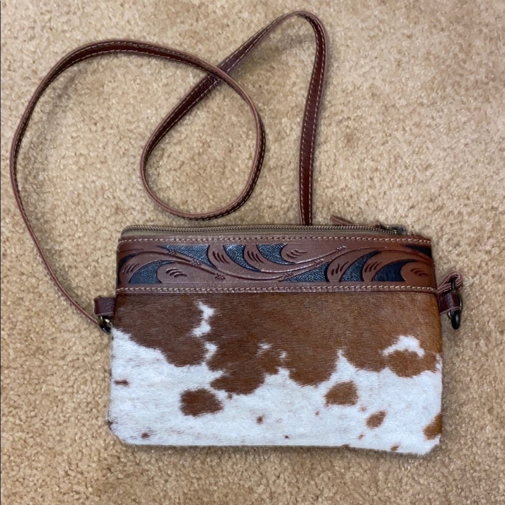 Brown and White cow hide Leather Crossbody Bag